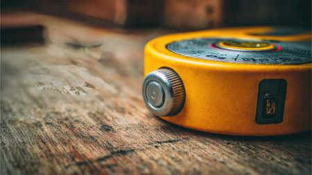 A close-up view of a vintage yellow measuring tape resting on a rustic wooden surface, capturing the essence of craftsmanship with a blurred figure in the background.の素材