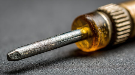 A stunning close-up of a metal screwdriver featuring a wooden handle. This image highlights the sharp tip and intricate wear patterns, perfect for tool enthusiasts.の素材