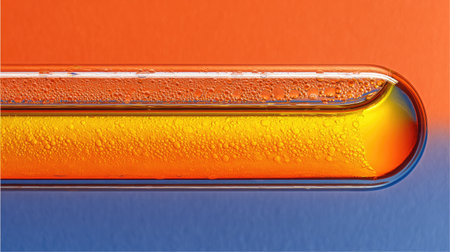 A striking close-up of a laboratory test tube filled with vibrant liquids, featuring bubbles and a stunning orange to blue gradient background for visual impact.の素材