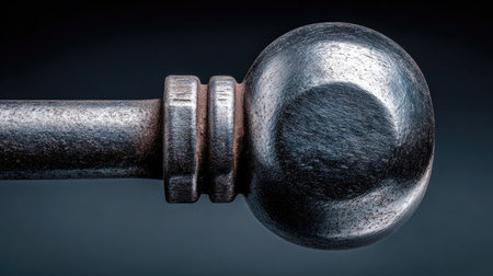 This image showcases a close-up of a decorative curtain rod finial, highlighting its sleek metal finish and unique texture against a dark background, perfect for design ideas.の素材