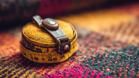 Capture the essence of creativity with this vintage measuring tool, beautifully positioned on a vibrant textile surface, perfect for art or design projects.の素材