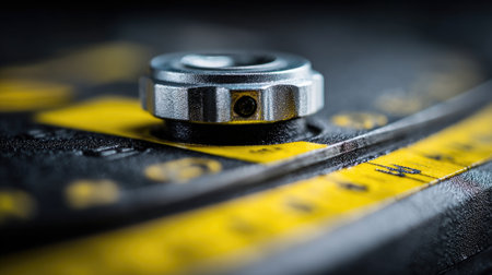 The image features a close-up view of a precision measuring tool. The metallic component contrasts with the yellow markings, symbolizing accuracy and attention to detail.の素材