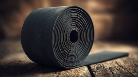 A rolled black resistance band rests on a rustic wooden surface, showcasing its texture and design. Ideal for fitness enthusiasts looking to enhance strength training routines.の素材