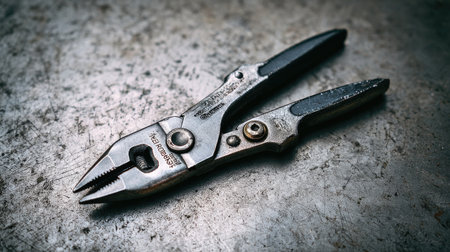 This image showcases a close-up view of vintage pliers resting on a weathered metal surface. The detailed texture and signs of wear highlight the tool's history and utility.の素材