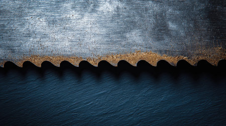 This image captures a close-up of a metallic surface featuring sharp teeth edges, emphasizing the contrast between rust and a smooth finish under dim lighting conditions.の素材