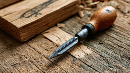 This close-up image features a carving chisel resting on a rustic wooden surface, highlighting craftsmanship and the beauty of woodworking with natural textures and tones.の素材