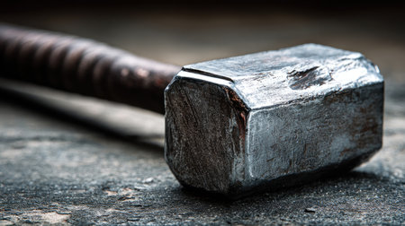 This close-up image showcases a rustic hammer resting on a textured surface, emphasizing the craftsmanship and detailing of this essential hand tool in a workshop setting.の素材