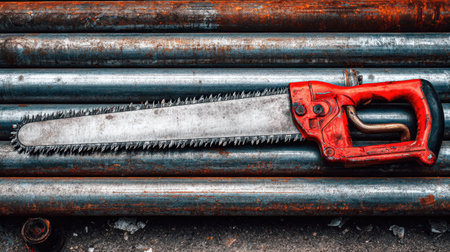 A striking close-up of a vintage hand saw showcasing its intricacies against a backdrop of metal pipes. The bright red handle contrasts with the weathered metal, highlighting craftsmanship.の素材
