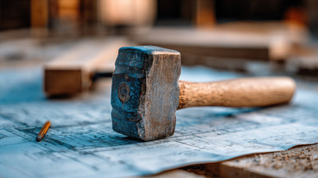 A visually striking close-up of a heavy mallet resting on a rolled blueprint, emphasizing the harmony of tools and design in a creative construction environment.の素材