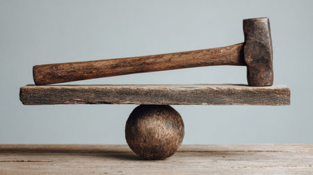 A vintage hammer is elegantly positioned on a wooden plank that balances on a round sphere, creating an artistic representation of stability and craftsmanship.の素材