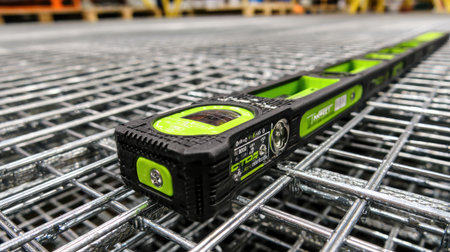 Close-up view of a precision level tool resting on a metallic grating surface in an industrial warehouse environment. Ideal for construction and DIY projects.の素材