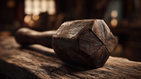 This image depicts a traditional wooden mallet on a rustic workbench, capturing the essence of classic craftsmanship and the beauty of handmade tools in a vintage setting.の素材