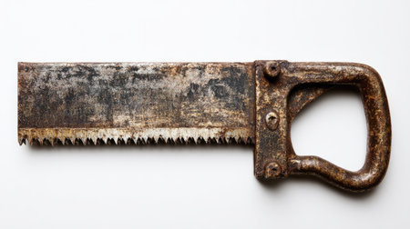 A vintage rusty hand saw resting on a white background. This tool reflects the rich history of craftsmanship in woodworking, suitable for DIY enthusiasts and collectors.の素材