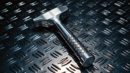 A sleek metal hammer rests on a textured steel surface, perfect for showcasing tools in a workshop. Ideal for construction, DIY, and industrial projects.の素材
