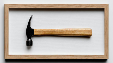 A black hammer with a wooden handle is elegantly displayed in a frame, showcasing its design against a minimalist background, perfect for construction and DIY projects.の素材