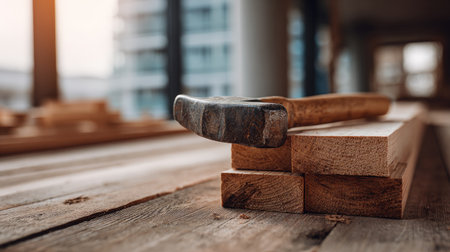 A close-up view of a hammer resting on a stack of wooden planks with soft warm lighting. This image captures the essence of woodworking and DIY projects in a cozy setting.の素材