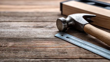 Close-up of essential woodworking tools arranged on a rustic wooden surface, showcasing a hammer, a level, and a ruler for various crafting and construction tasks.の素材
