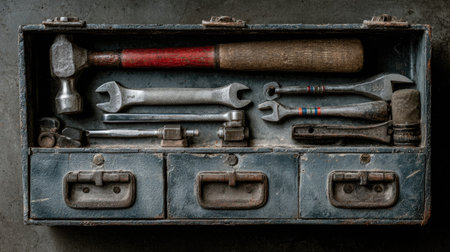 A vintage toolbox displaying an assortment of hand tools including a hammer, wrenches, and sockets, perfect for DIY enthusiasts and repair projects in a rustic setting.の素材