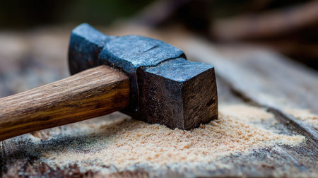 This close-up image features a hammer resting on a wooden surface with fine wood shavings, creating a perfect representation of craftsmanship and woodworking.の素材