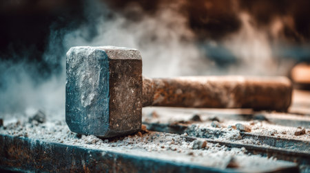 A heavy rubber mallet rests on a dusty workbench, with steam gently rising. The image captures the essence of craftsmanship and strength found in any workshop environment.の素材