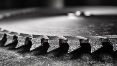 This image features a close-up of a circular saw blade resting on a textured surface in a workshop. The detailed view highlights the sharp teeth and industrial quality.の素材