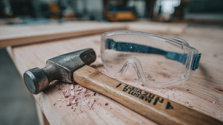 A detailed view of a hammer resting beside a pair of safety goggles on a wooden workbench, highlighting essential tools for woodworking and craftsmanship.の素材