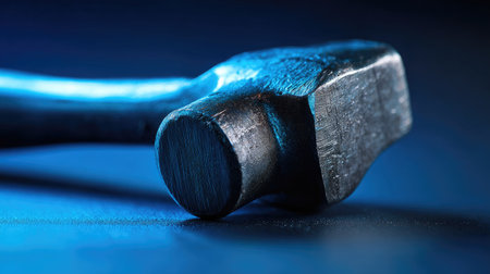 This image features a heavy metal hammer resting on a dark surface, illuminated with dramatic lighting that highlights its texture and details, ideal for various themes.の素材