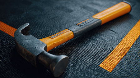 A detailed image of a yellow and gray hammer resting on a textured surface with orange stripes, perfect for representing construction and DIY tasks in various projects.の素材