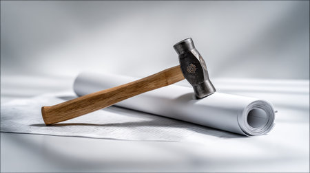 A hammer rests on a rolled blueprint against a clean background, symbolizing construction, design, and renovation projects. Ideal for showcasing professional tools.の素材