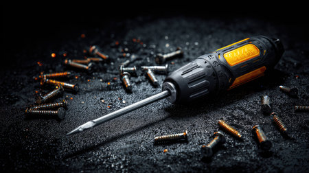 A detailed close-up of a precision screwdriver resting on a dark surface alongside scattered metal screws, highlighting tools designed for repair and craftsmanship in various tasks.の素材