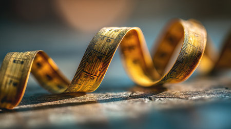 This close-up photograph showcases a twisted yellow measuring tape resting on a rustic surface, featuring intricate details and a soft focus ambiance. Perfect for DIY enthusiasts.の素材