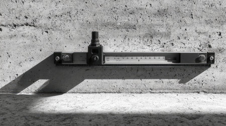 This image showcases a precision measuring tool resting on a concrete surface, highlighting sharp shadows and textures, perfect for industrial, construction, or design themes.の素材