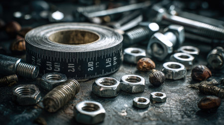 Captivating close-up shot showcasing an assortment of metallic fasteners and tools, including a measuring tape, set against a gritty workbench surface, ideal for DIY themes.の素材
