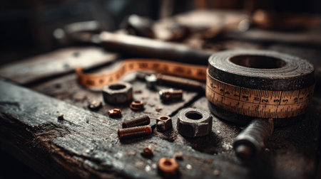 This captivating image showcases a collection of vintage workshop tools and metal fasteners scattered on a rustic wooden surface, embodying artisan craftsmanship and industry spirit.の素材