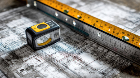 A close-up view of a detailed architectural blueprint featuring a measuring tape and ruler on a textured surface, perfect for design and construction projects.の素材