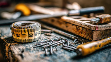 A detailed close-up of vintage tools and materials on a rustic wooden workbench, showcasing an atmosphere of craftsmanship and creativity for DIY enthusiasts.の素材