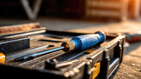 A well-composed close-up image showcasing a toolbox with a prominent screwdriver, illuminated by warm evening light, ideal for projects and crafts.の素材