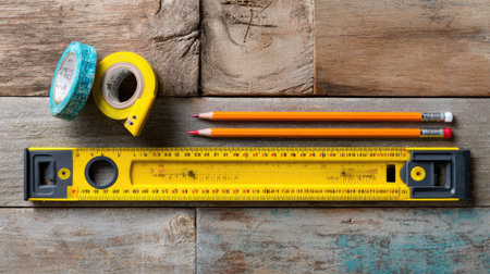 A collection of bright yellow measuring tools, orange pencils, and tape arranged on a rustic wooden background, ideal for creative and DIY projects.の素材