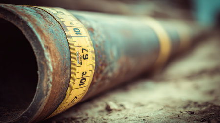 A close-up view of a rusty pipe alongside a measuring tape on the ground, highlighting the textures and details of industrial tools in an outdoor construction setting.の素材