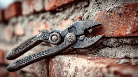 Close-up view of vintage pliers resting on brickwork with visible mortar, emphasizing the intricate details of construction and repair activities in craftsmanship.の素材