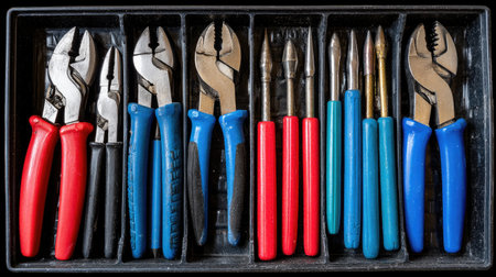 This image showcases a diverse collection of hand tools neatly arranged in a tool organizer, perfect for home improvement or repair tasks. Ideal for DIY enthusiasts.の素材