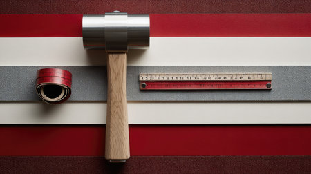 This image showcases a wooden mallet positioned alongside a measuring ruler and a roll of crafting material on a textured surface, highlighting DIY creativity.の素材