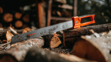 A detailed close-up of a hand saw resting on freshly cut logs in a tranquil forest setting. Ideal for conveying themes of woodworking, craftsmanship, and nature.の素材