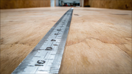 A close-up view of a metal measuring ruler laid flat on a smooth wood ...