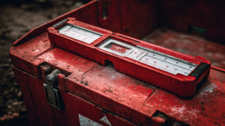 This image showcases a red level tool on an old toolbox, emphasizing the ruggedness of construction environments, perfect for renovation and handyman projects.の素材