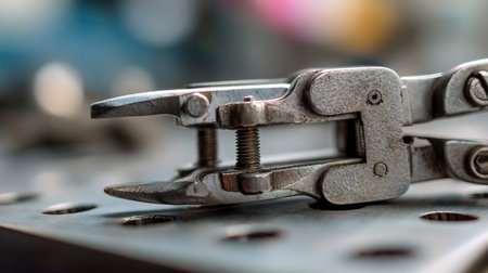 Close-up view of a metal grip tool resting on a workbench, showcasing intricate details in design and engineering, perfect for illustrating precision workmanship.の素材