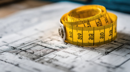 A close-up view of a yellow measuring tape resting on an architectural blueprint, highlighting the precise measurements and intricate technical drawings essential for construction projects.の素材