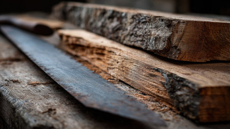Discover the beauty of rustic woodworking tools resting on layered wood. The detailed textures and natural elements inspire creativity for crafting and DIY enthusiasts.の素材