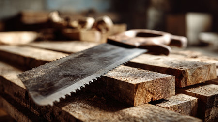 A close-up of a vintage hand saw resting on a stack of wooden planks. The warm natural light casts soft shadows, enhancing the rustic charm of the workshop scene.の素材