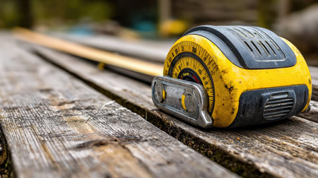 A close-up view of a yellow measuring tape laying flat on a weathered wooden surface, highlighting its details and emphasizing themes of craftsmanship and construction.の素材